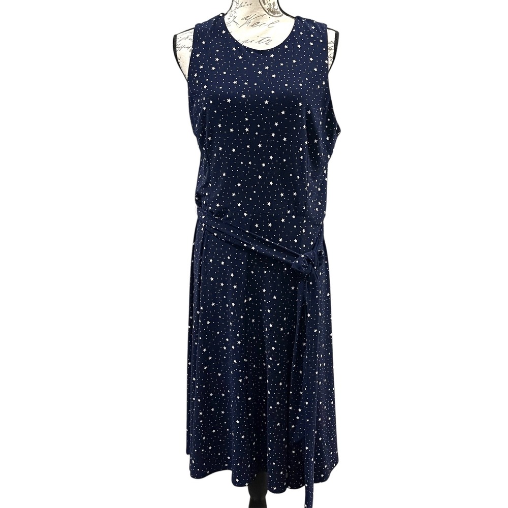 Lauren Ralph Lauren Dress Womens 12 Navy Blue Star Print Belted Midi Celestial